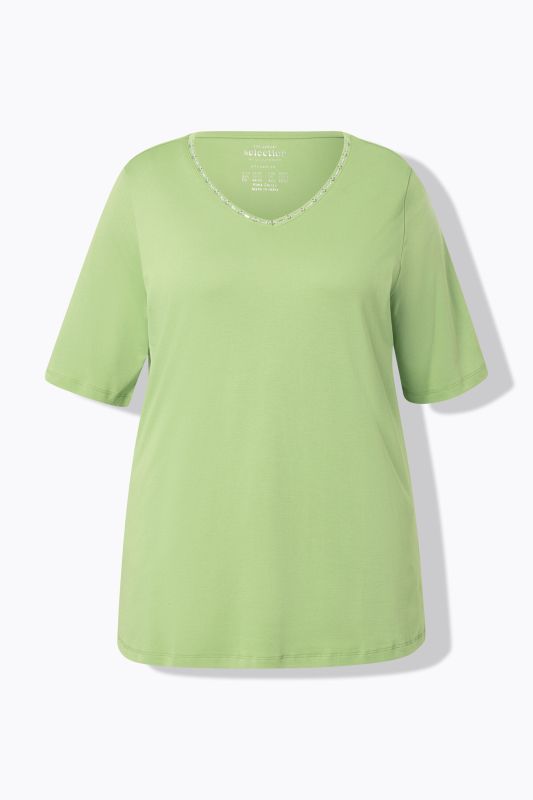 Pima Cotton A-line Embroidered V-Neck Short Sleeve Tee
