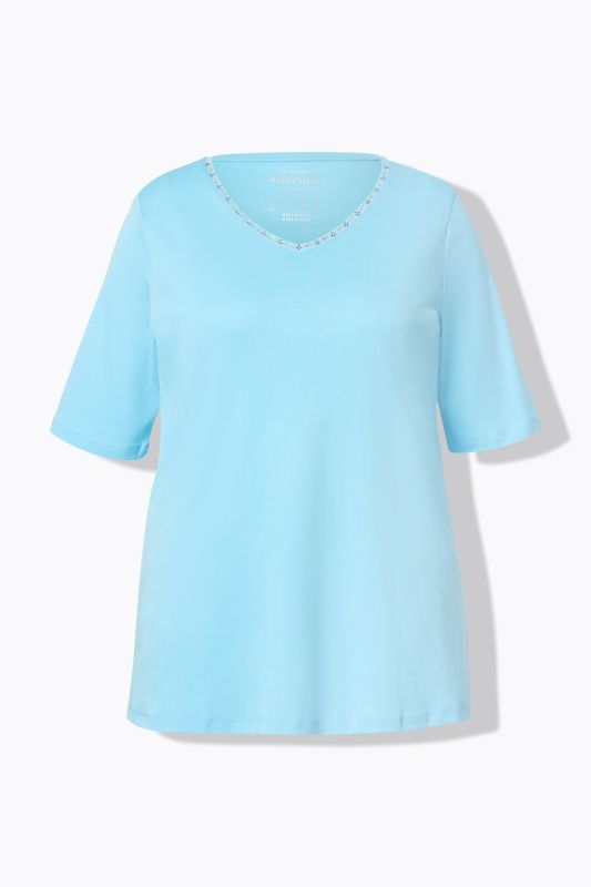Pima Cotton A-line Embroidered V-Neck Short Sleeve Tee