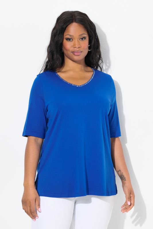 Pima Cotton A-line Embroidered V-Neck Short Sleeve Tee