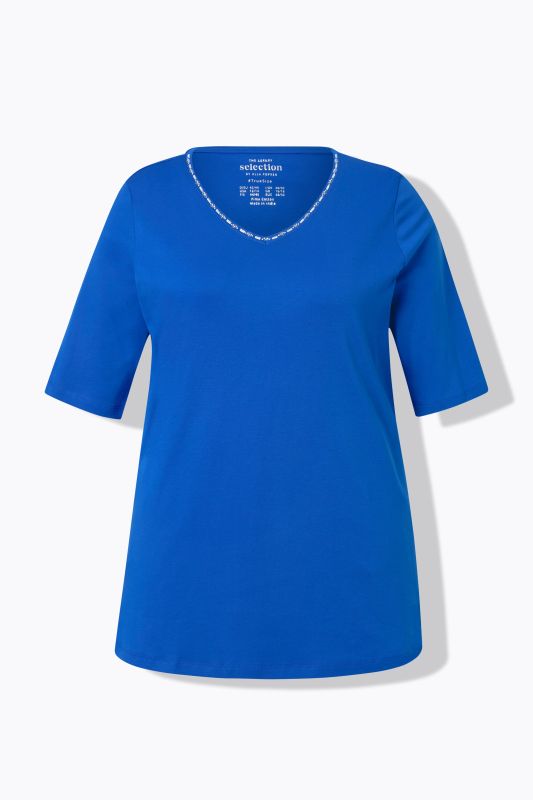 Pima Cotton A-line Embroidered V-Neck Short Sleeve Tee