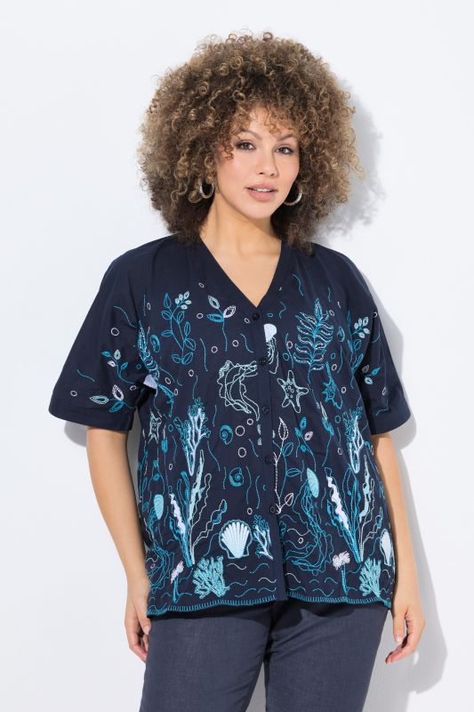 Under The Sea Short Sleeve Embroidered Blouse