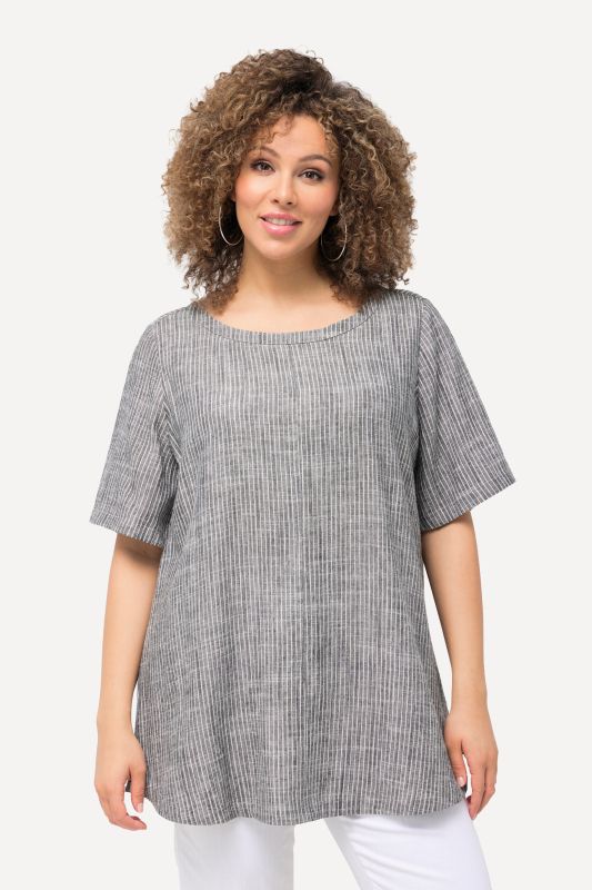 Striped Linen Blend Short Sleeve Blouse