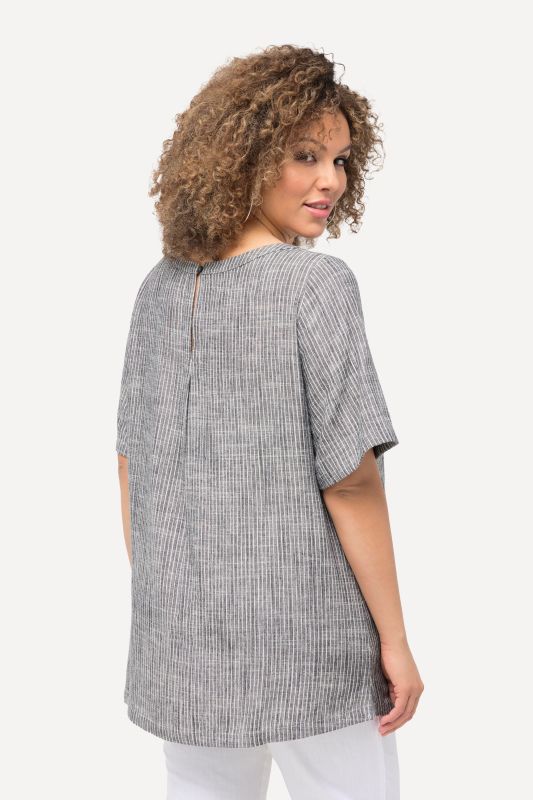 Striped Linen Blend Short Sleeve Blouse