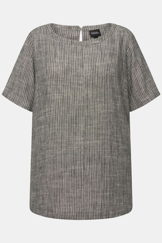 Striped Linen Blend Short Sleeve Blouse
