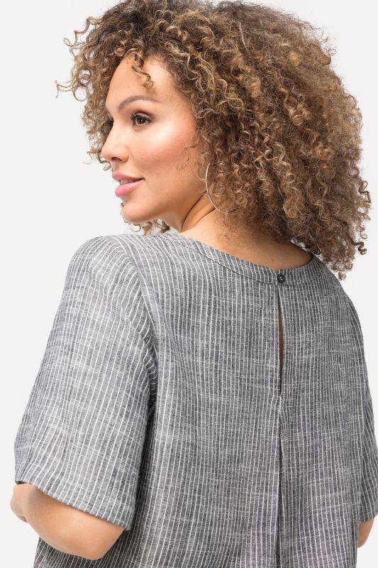 Striped Linen Blend Short Sleeve Blouse
