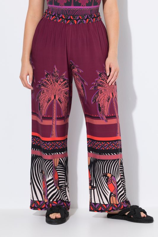 Mixed Palm Print Elastic Waist Palazzo Pants