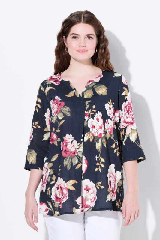 Floral Linen Blend 3/4 Sleeve Split Neck Blouse