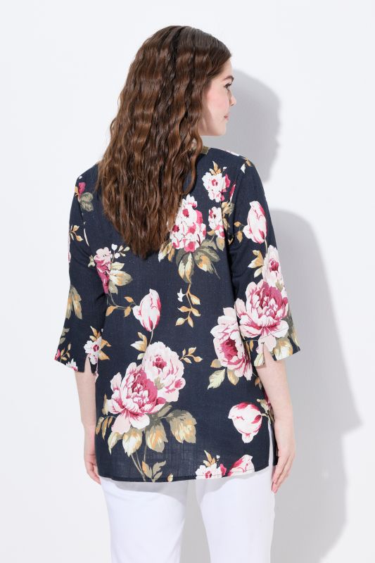 Floral Linen Blend 3/4 Sleeve Split Neck Blouse