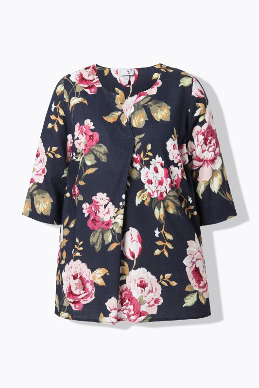 Floral Linen Blend 3/4 Sleeve Split Neck Blouse