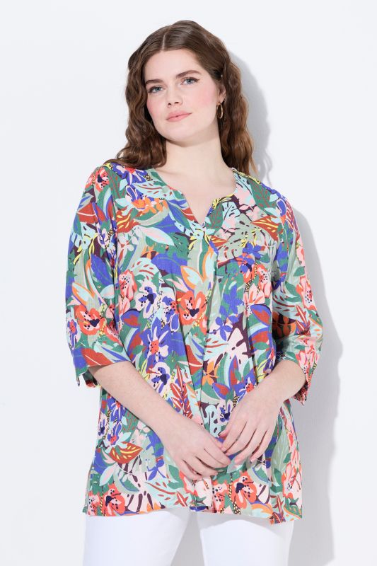 Floral Linen Blend 3/4 Sleeve Split Neck Blouse