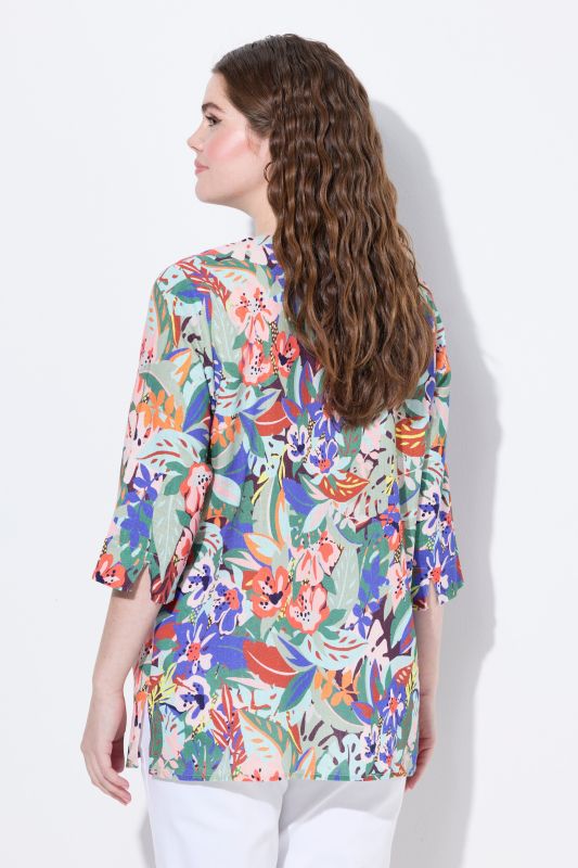 Floral Linen Blend 3/4 Sleeve Split Neck Blouse