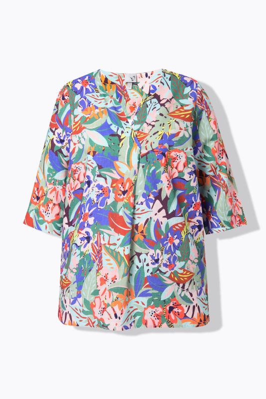Floral Linen Blend 3/4 Sleeve Split Neck Blouse