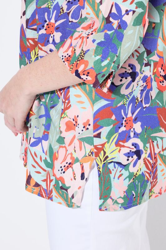 Floral Linen Blend 3/4 Sleeve Split Neck Blouse