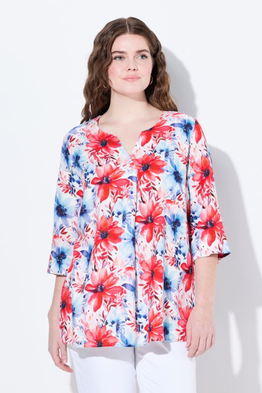 Floral Linen Blend 3/4 Sleeve Split Neck Blouse