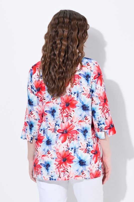 Floral Linen Blend 3/4 Sleeve Split Neck Blouse