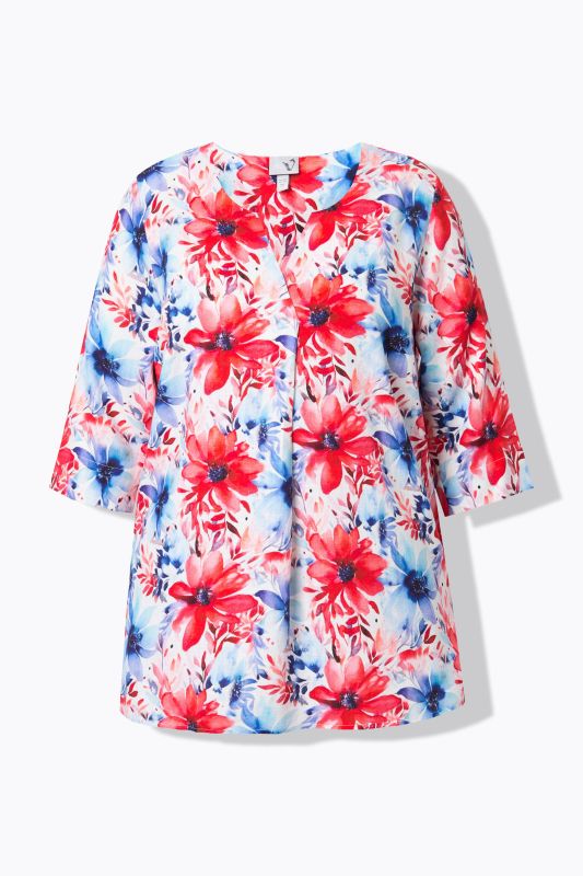 Floral Linen Blend 3/4 Sleeve Split Neck Blouse