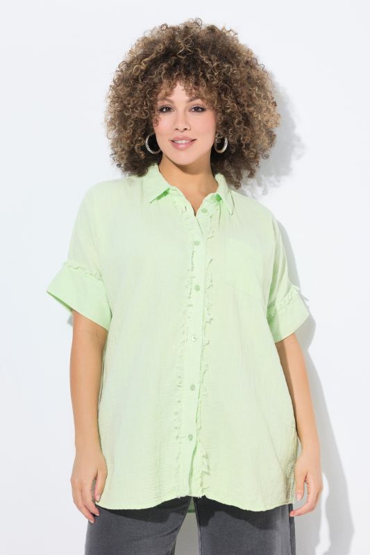 Fringed Seam Short Sleeve Button Down Muslin Blouse