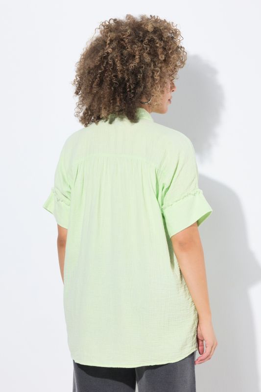 Fringed Seam Short Sleeve Button Down Muslin Blouse