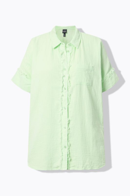 Fringed Seam Short Sleeve Button Down Muslin Blouse