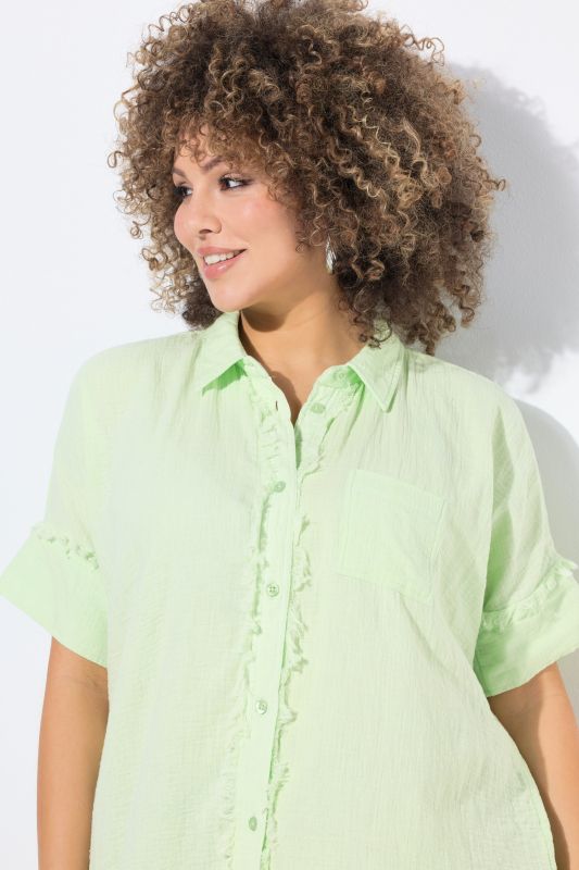 Fringed Seam Short Sleeve Button Down Muslin Blouse