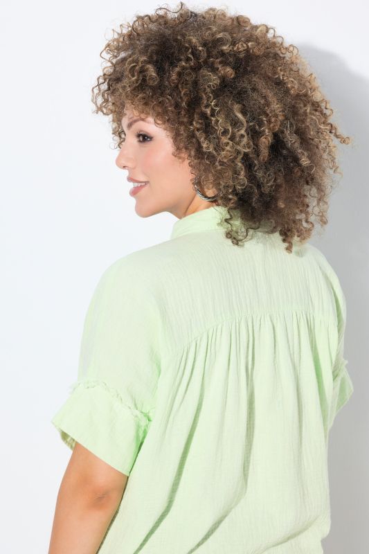 Fringed Seam Short Sleeve Button Down Muslin Blouse