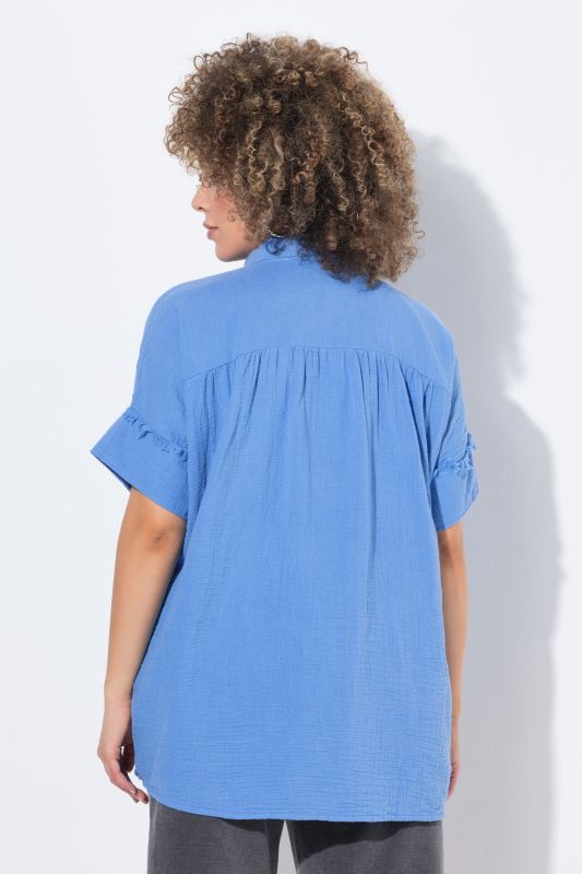 Fringed Seam Short Sleeve Button Down Muslin Blouse