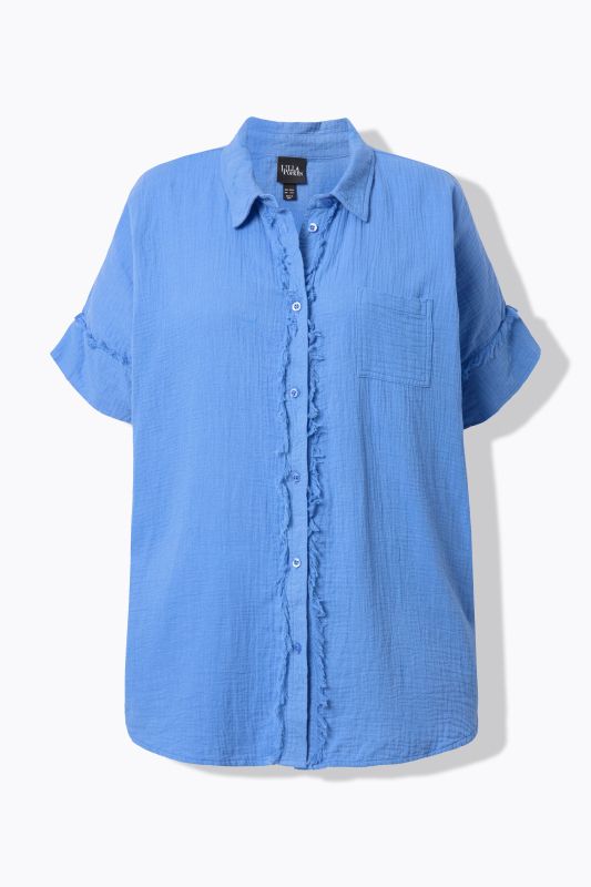 Fringed Seam Short Sleeve Button Down Muslin Blouse