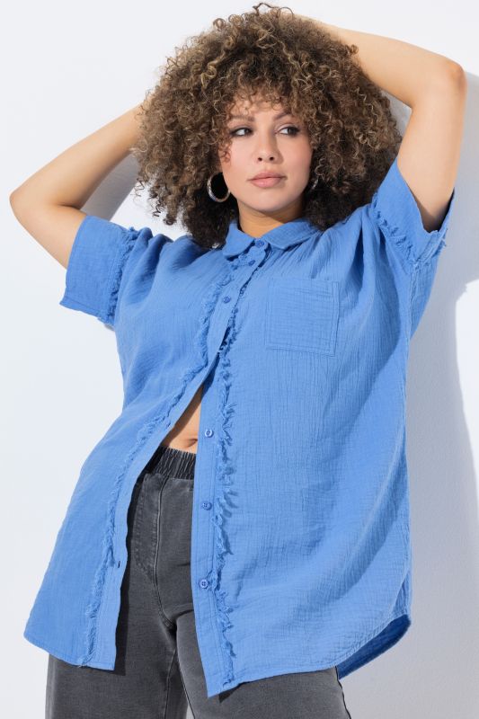 Fringed Seam Short Sleeve Button Down Muslin Blouse