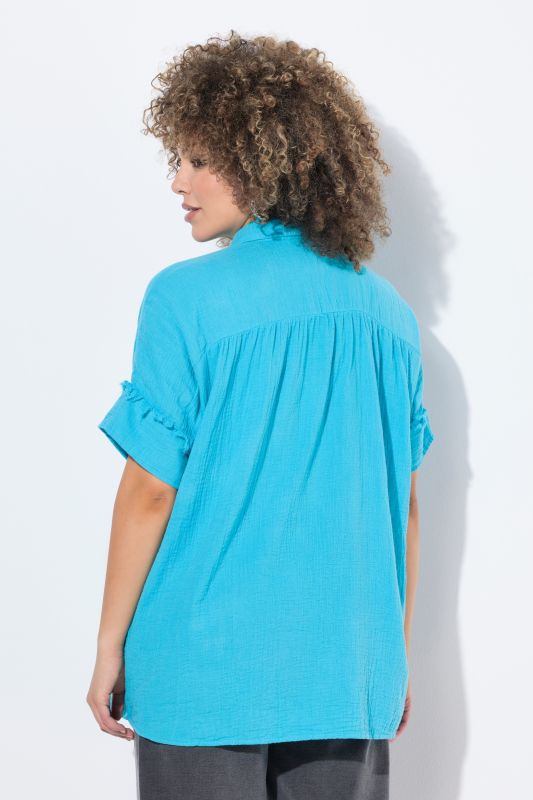 Fringed Seam Short Sleeve Button Down Muslin Blouse