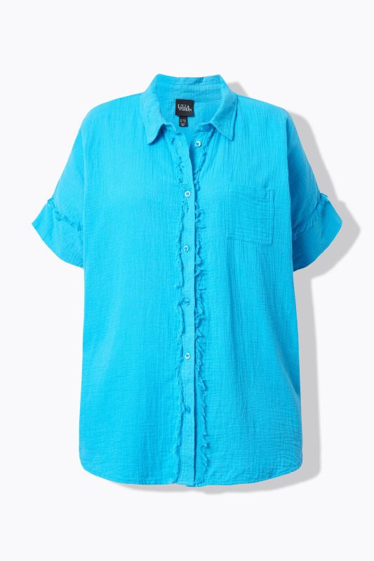 Fringed Seam Short Sleeve Button Down Muslin Blouse