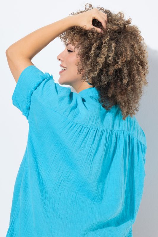 Fringed Seam Short Sleeve Button Down Muslin Blouse