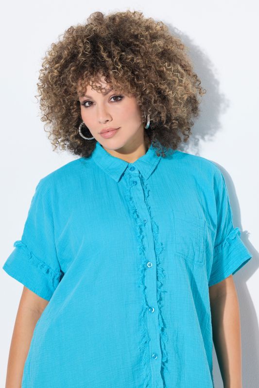 Fringed Seam Short Sleeve Button Down Muslin Blouse
