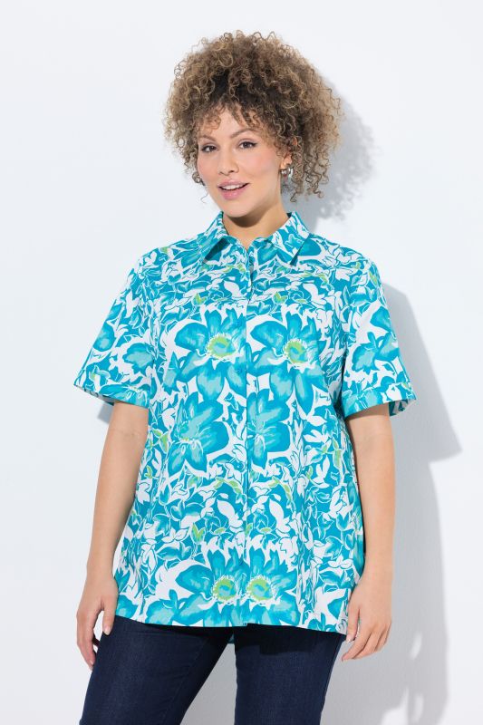 Blue Floral Short Sleeve Button Down Blouse