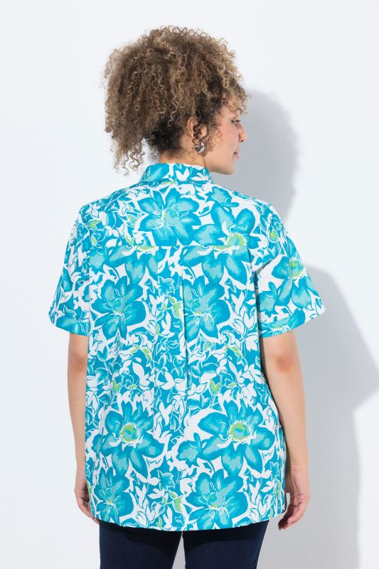 Blue Floral Short Sleeve Button Down Blouse