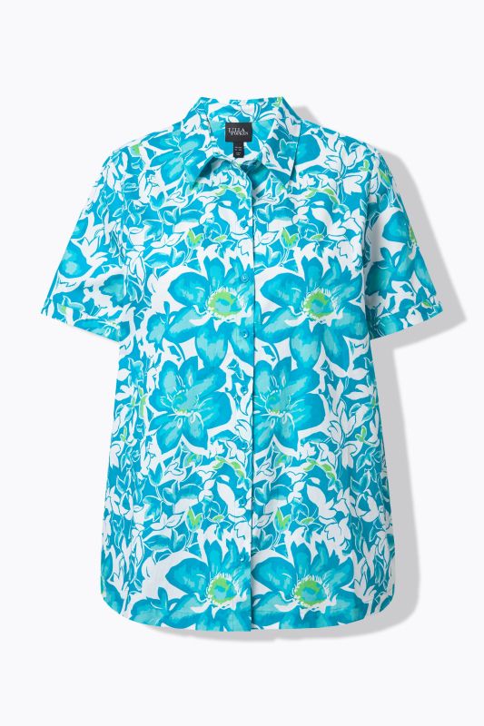 Blue Floral Short Sleeve Button Down Blouse