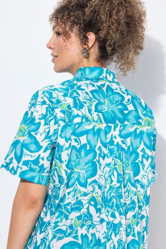 Blue Floral Short Sleeve Button Down Blouse