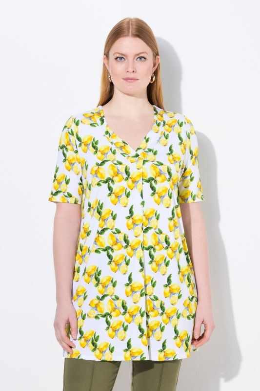Lemon Print Short Sleeve V-Neck Slinky Knit Tunic