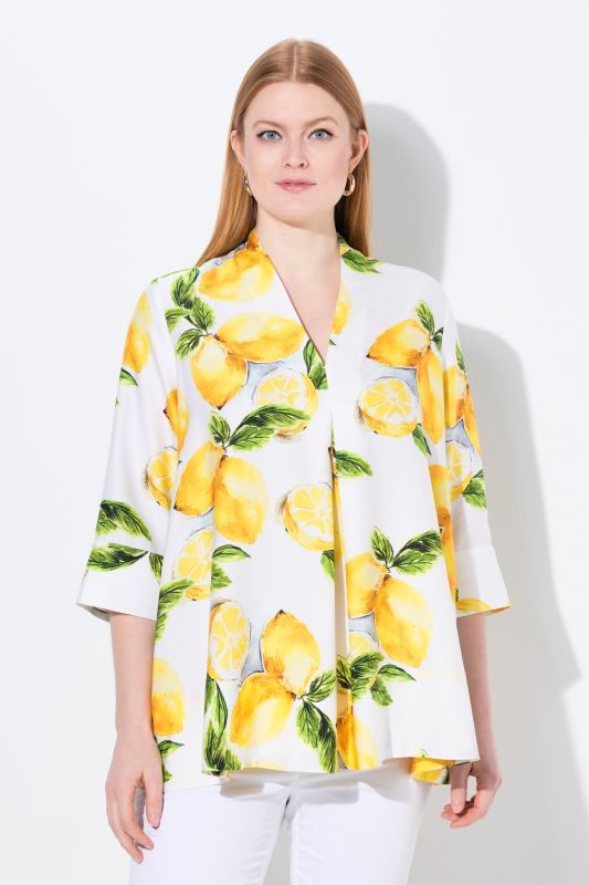 Lemon Print 3/4 Sleeve Goblet Collar Blouse