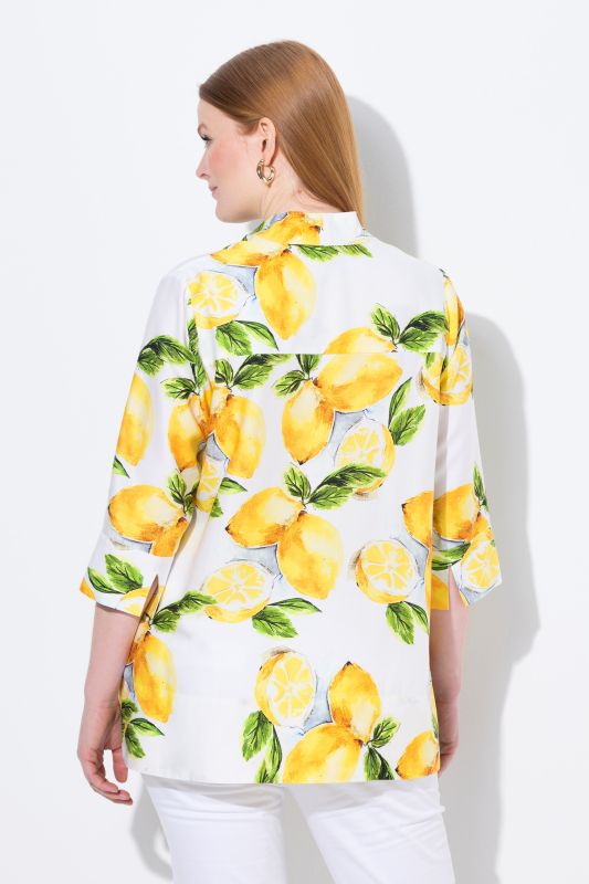 Lemon Print 3/4 Sleeve Goblet Collar Blouse