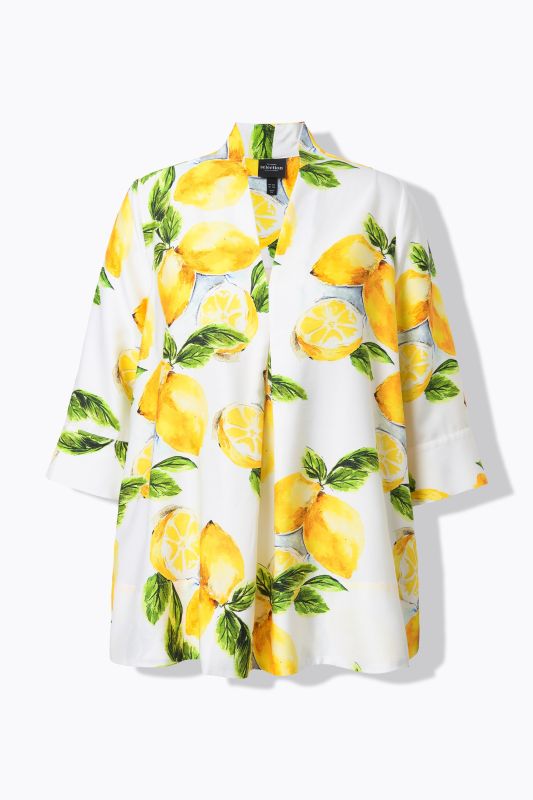 Lemon Print 3/4 Sleeve Goblet Collar Blouse