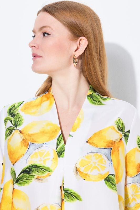 Lemon Print 3/4 Sleeve Goblet Collar Blouse