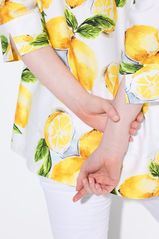 Lemon Print 3/4 Sleeve Goblet Collar Blouse