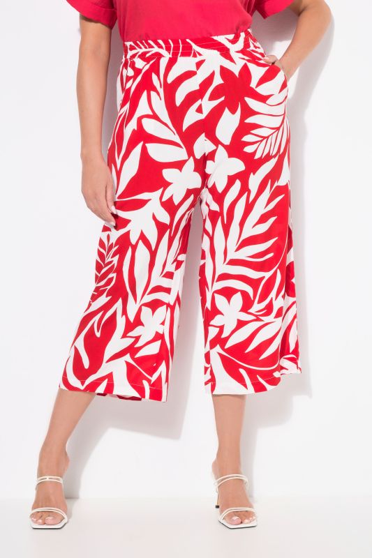 Leaf Print Wide Leg Elastic Waist Culottes