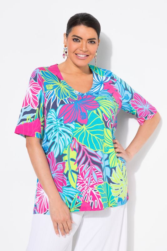Tropical Leaf Print Short Sleeve V-Neck Tee