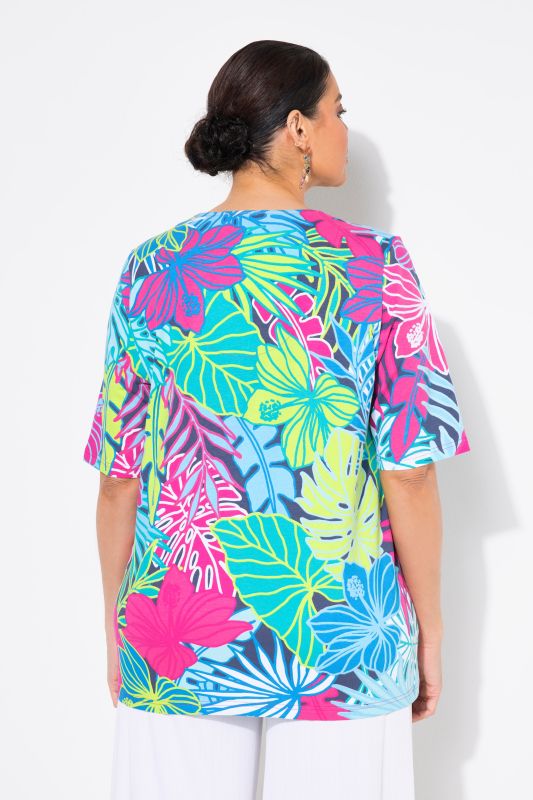 Tropical Leaf Print Short Sleeve V-Neck Tee