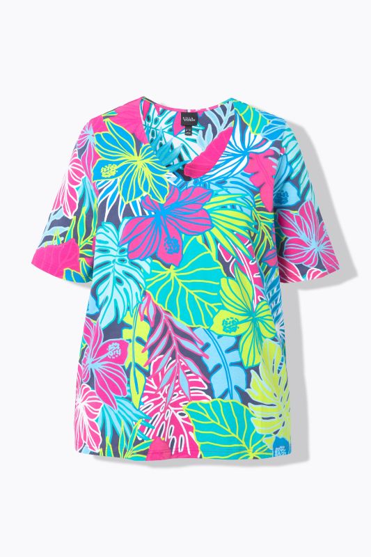 Tropical Leaf Print Short Sleeve V-Neck Tee