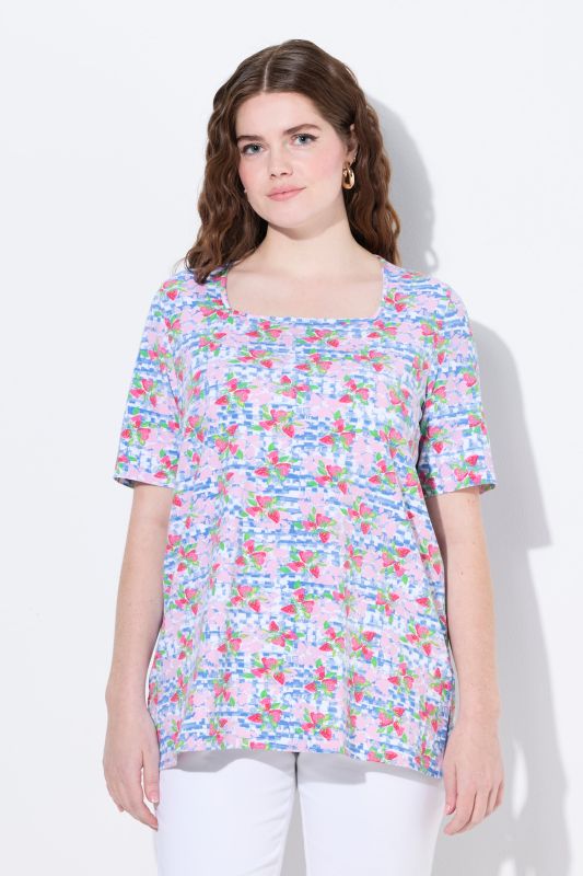 Checkered Strawberry Print Short Sleeve Square Neck Tee