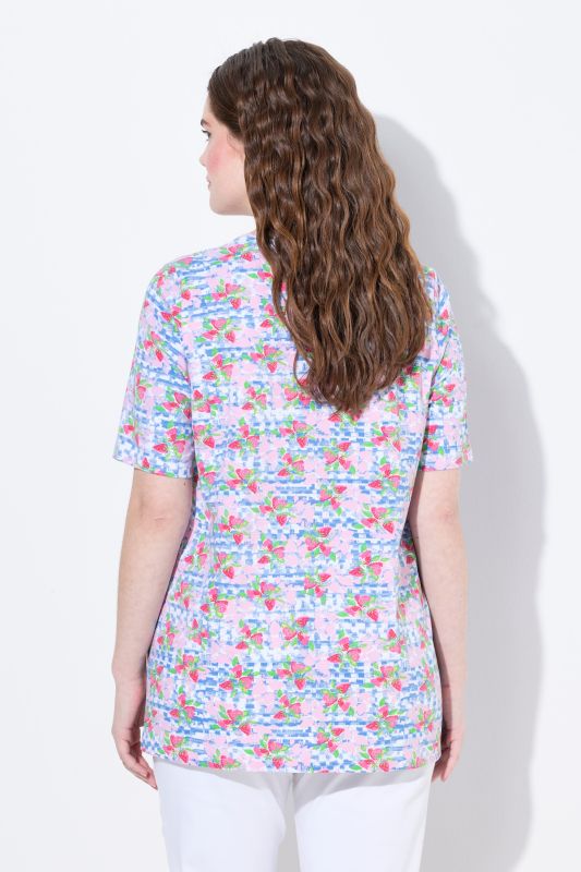 Checkered Strawberry Print Short Sleeve Square Neck Tee