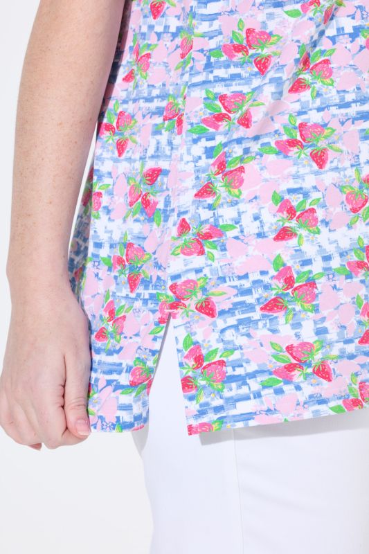 Checkered Strawberry Print Short Sleeve Square Neck Tee