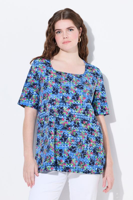 Checkered Strawberry Print Short Sleeve Square Neck Tee